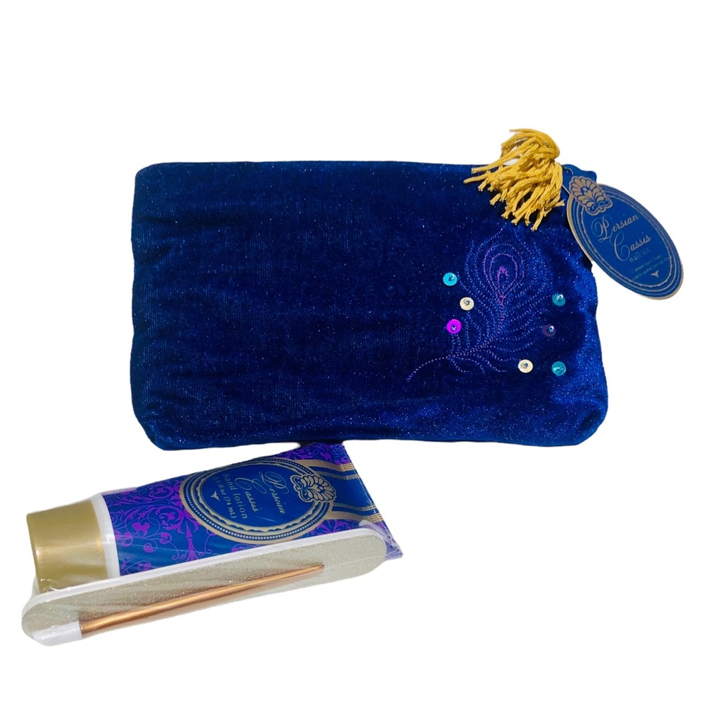 Pier 1 Peacock Feather Blue Cosmetic Bag w Persian Cassis Nail Kit (2553049)